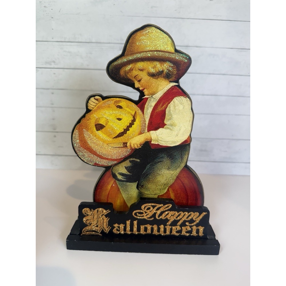Hobby Lobby 2016 Vintage Style Halloween Boy Pumpkin Happy Halloween Wood Decor